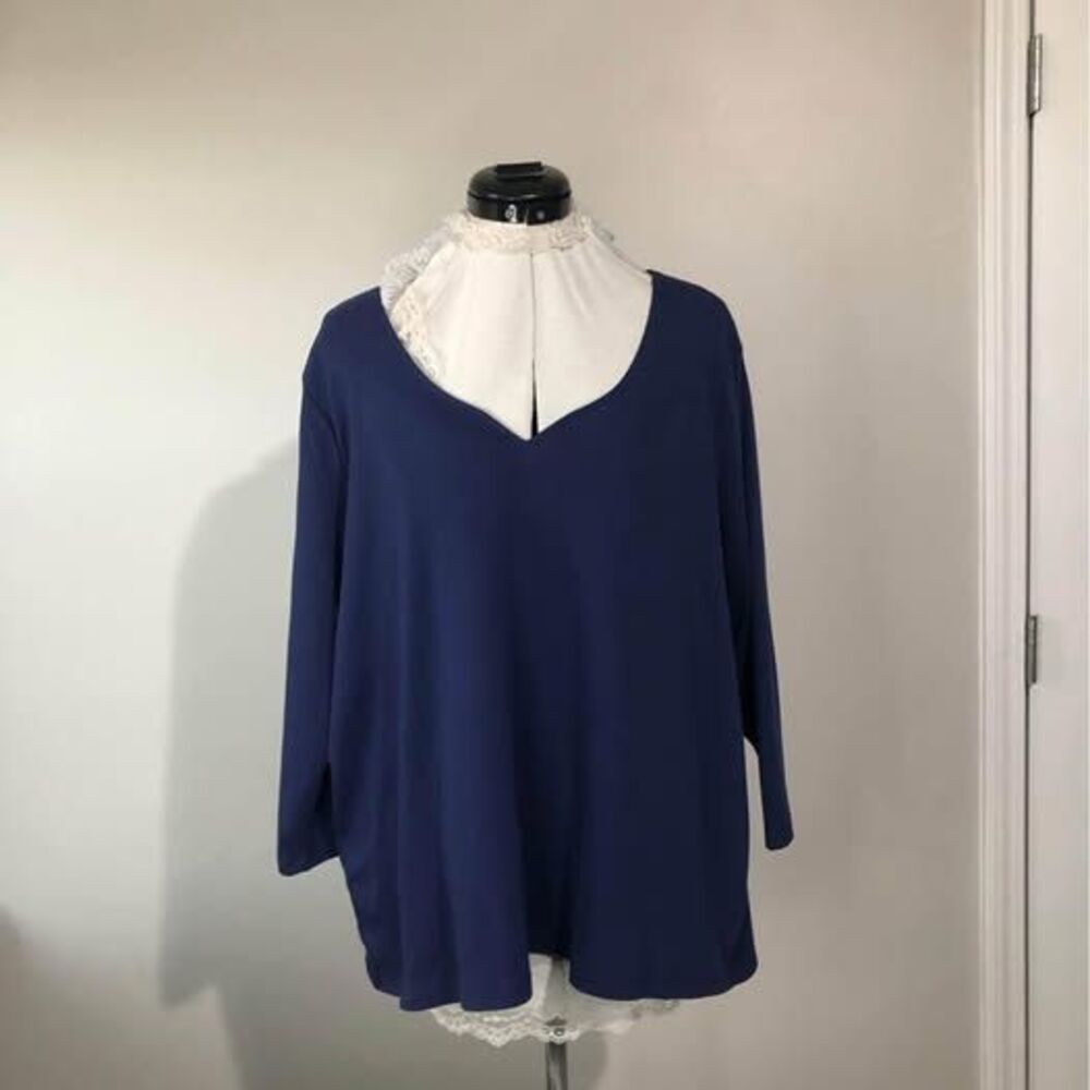 2X Rebecca Malone Womens Long Sleeve Blue Blouse C5123